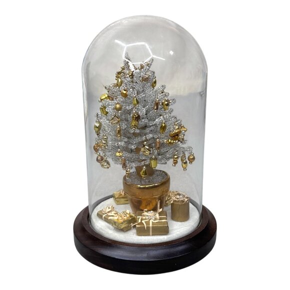 Vintage Silver Gold Beaded Mini Christmas Tree In Glass Dome Presents Wood Base - Picture 3 of 6
